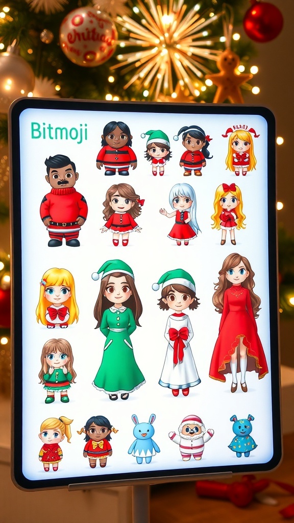 A digital display of various Christmas Bitmoji outfits including sweaters, elf costumes, and elegant dresses against a festive backdrop.